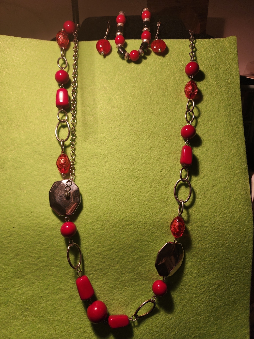 Red Beaded Long Necklace, Bracelet and Earring Set - Elegant Women Jewelry